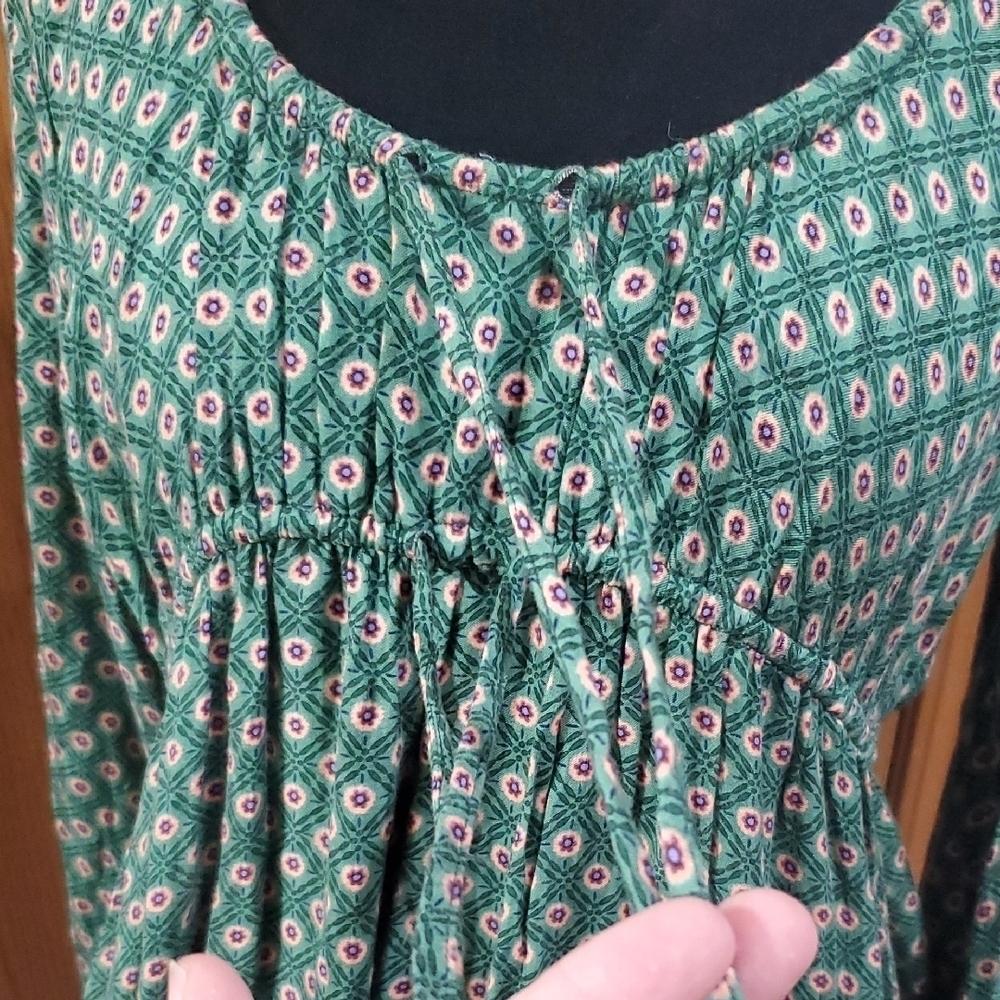 Anthropologie Green Patterned Lightweight Bishop Sleeve Dress - Picture 10 of 10